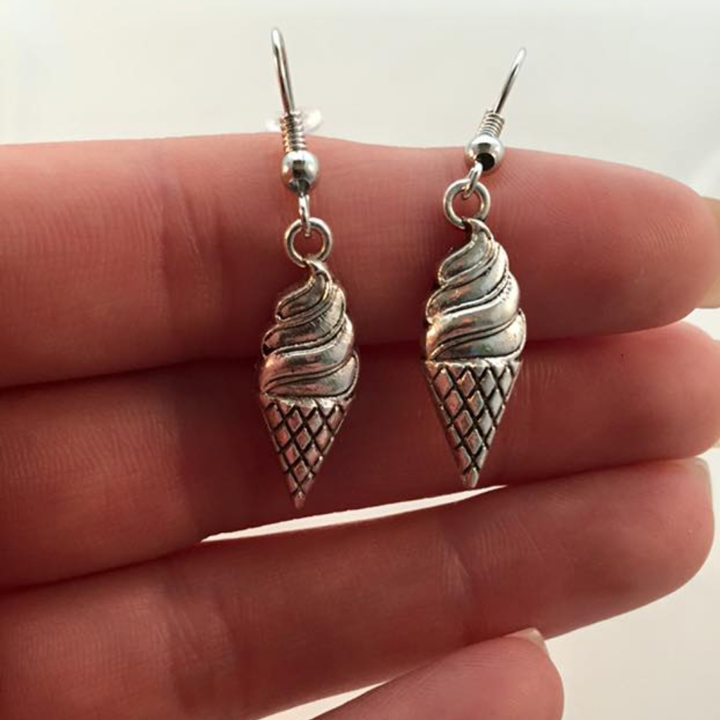 Silver Ice Cream Cone Earrings Hypoallergenic Hooks 18$